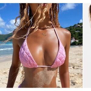 FRANKIES BIKINIS Tia Triangle Bikini Top Pink Quilted Rhinestone Coquette Small